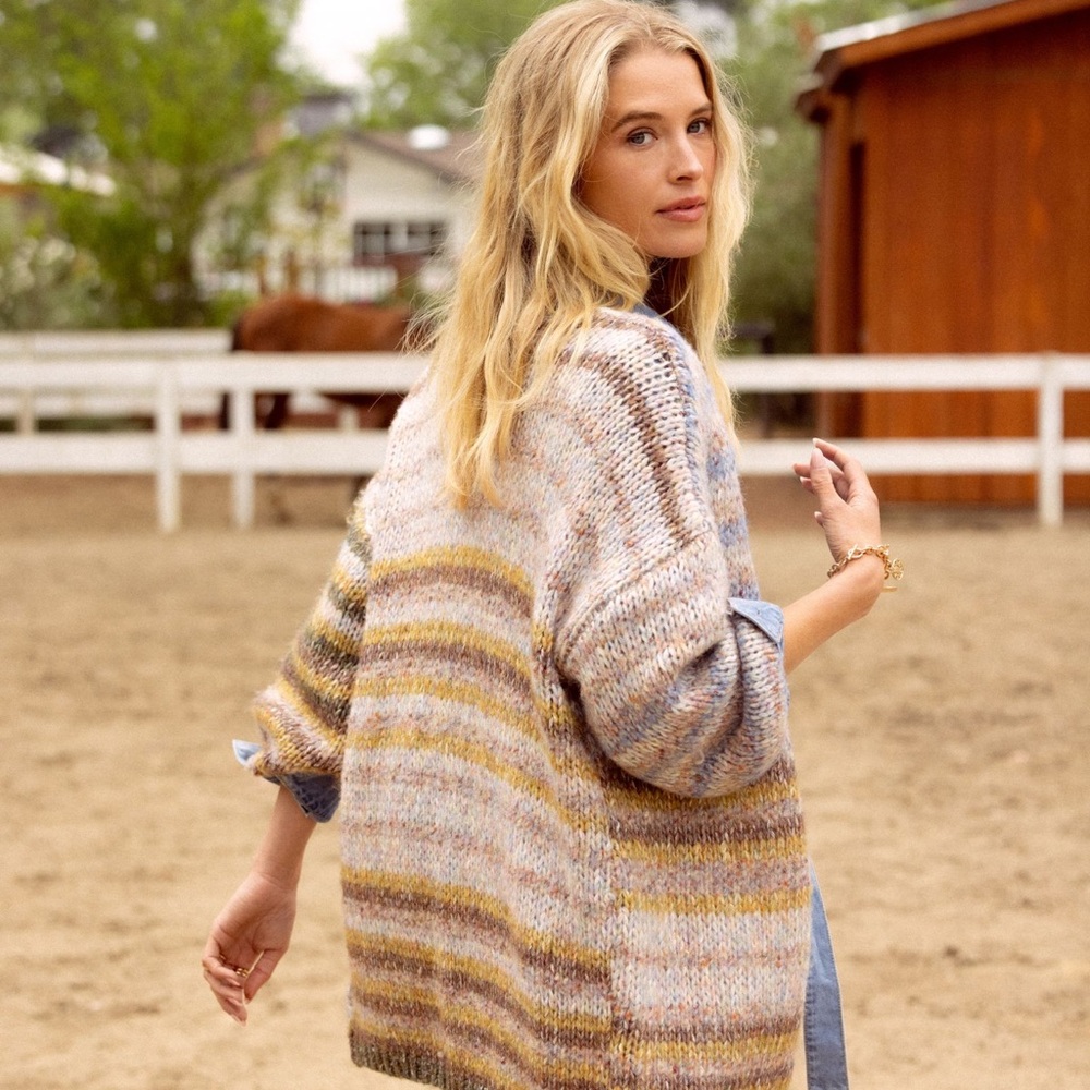 Skies Are Blue Selina Striped Multicolor Cardigan Sweater Balloons Sleeves